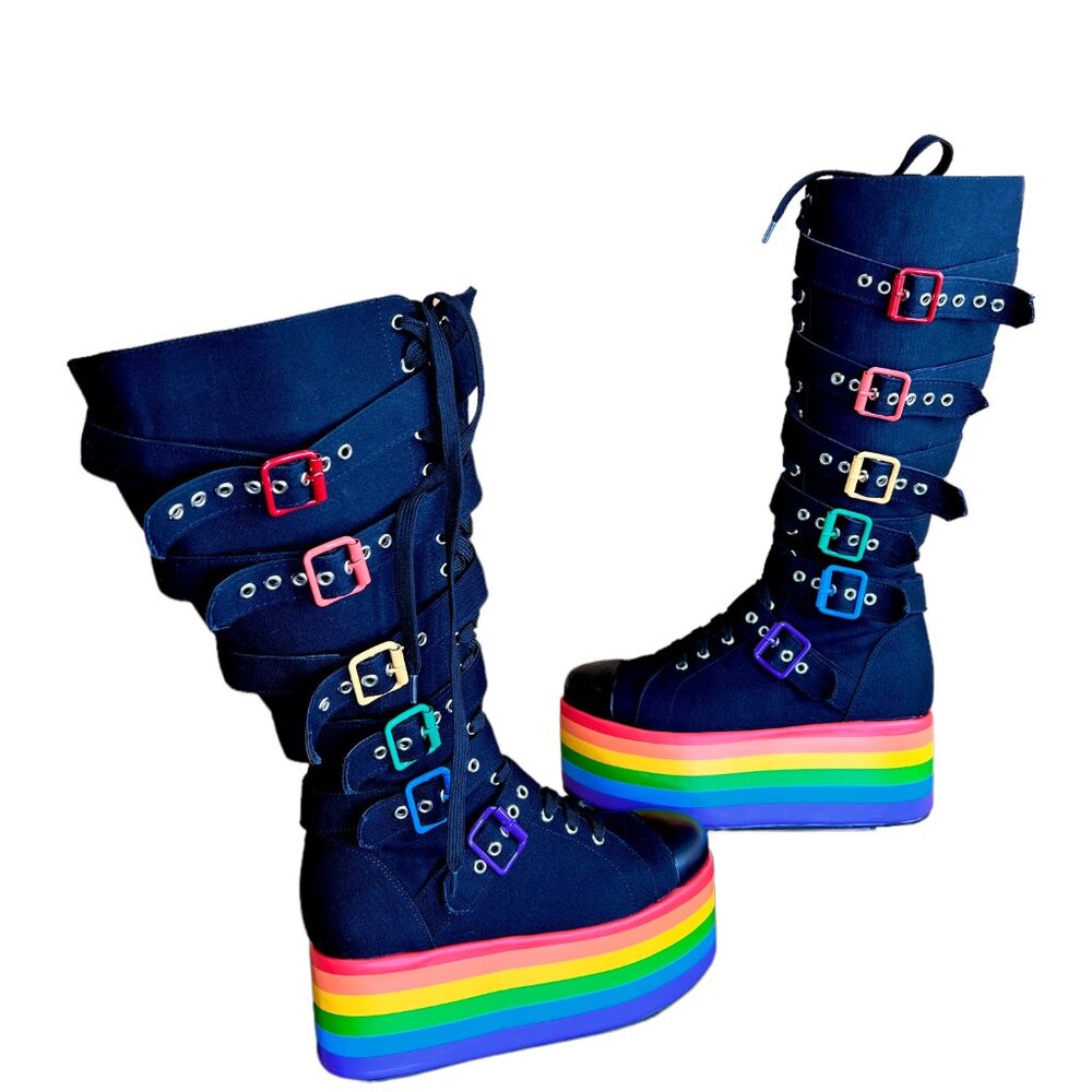 Women’s Dolls Kill Knee High Rainbow Pride Parade Platform Buckles Stompin Boots